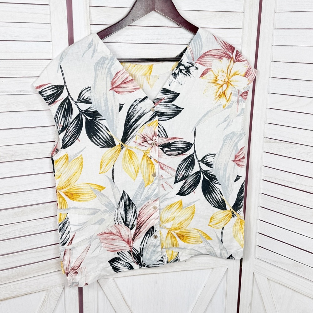 C&C California Tropical Palm Print Linen Button Back Shirt White Multi Medium - Picture 8 of 11